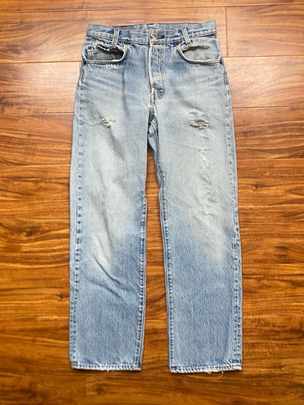 Vintage Levi's 701 Light Blue Distressed Straight Jeans Size 28 Streetwear Retro